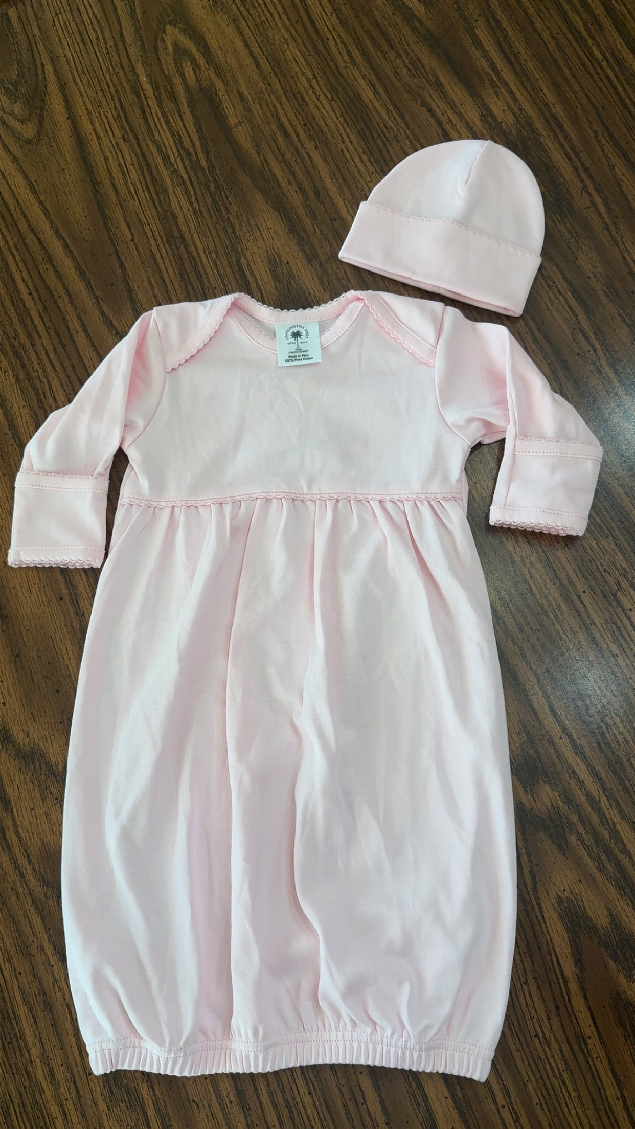 Pink 100% organic Pima cotton newborn gown with matching hat