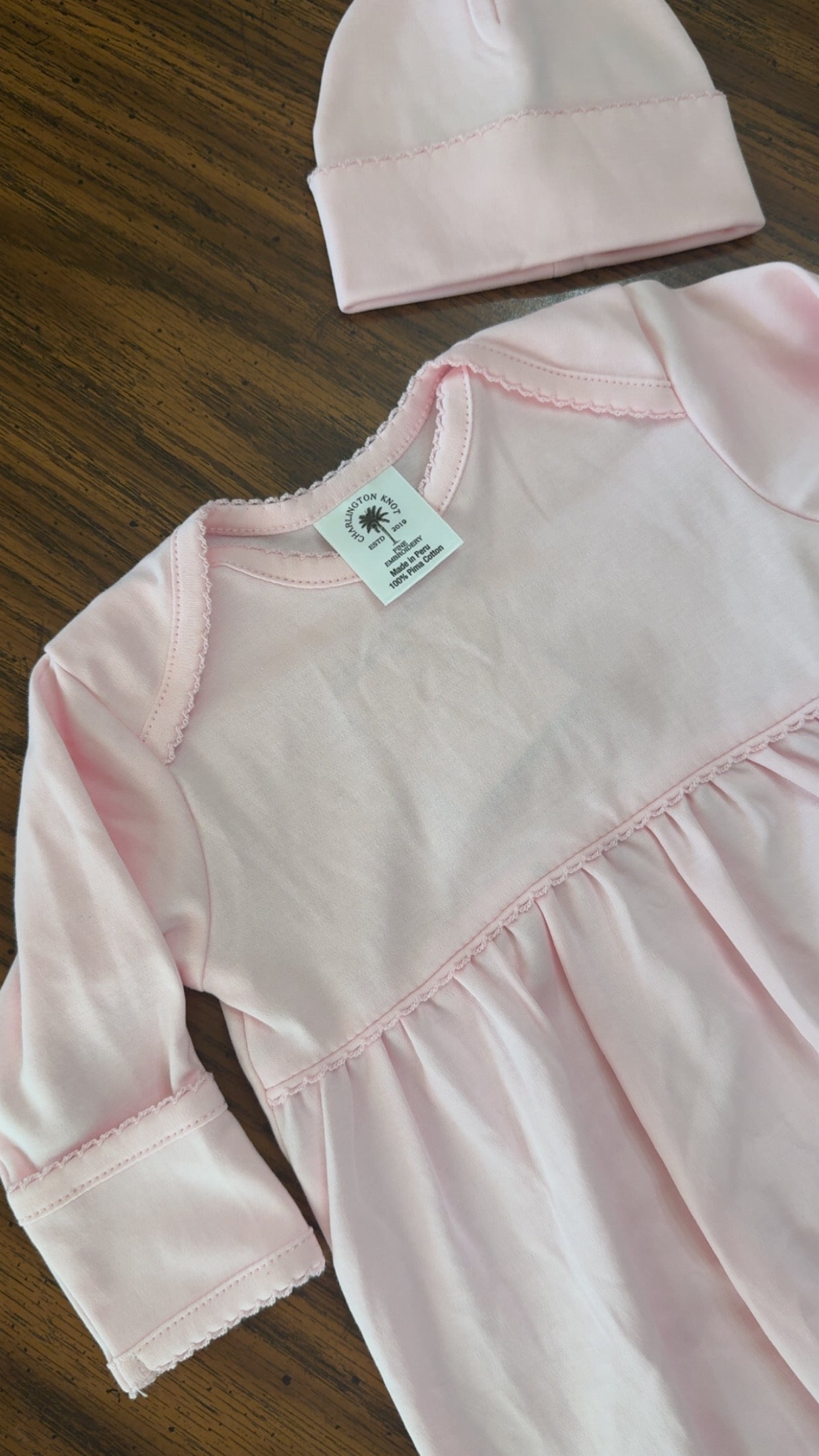 Pink 100% organic Pima cotton newborn gown with matching hat