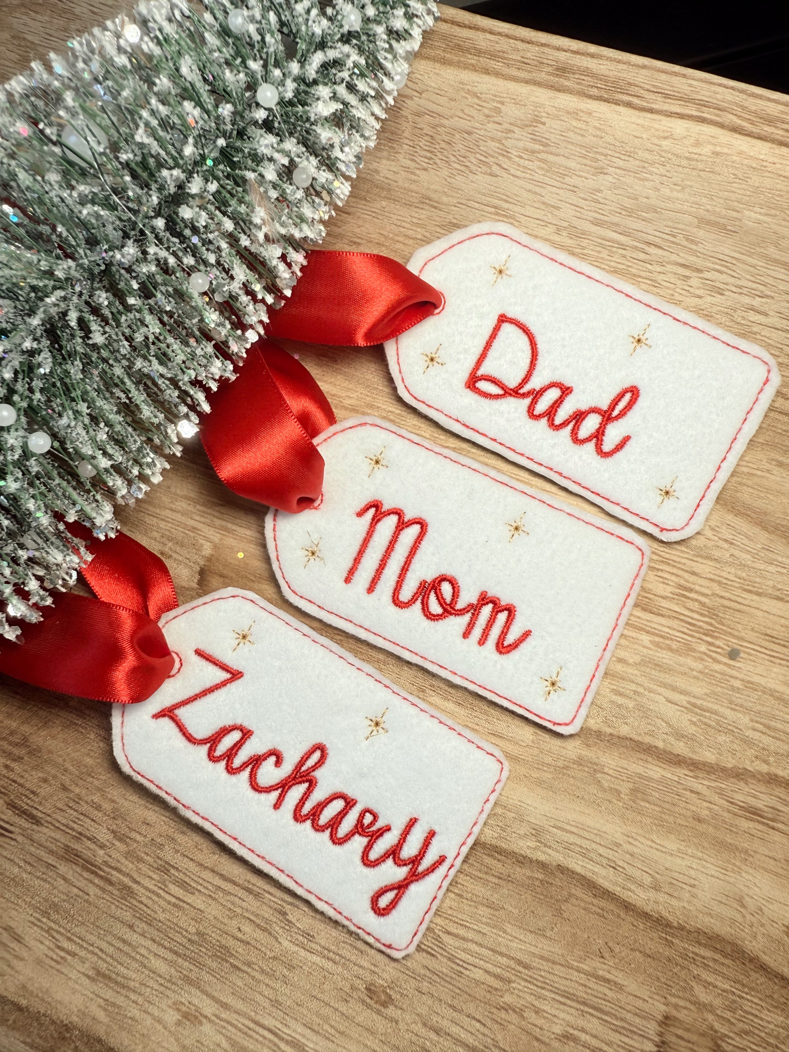Embroidered stocking tags