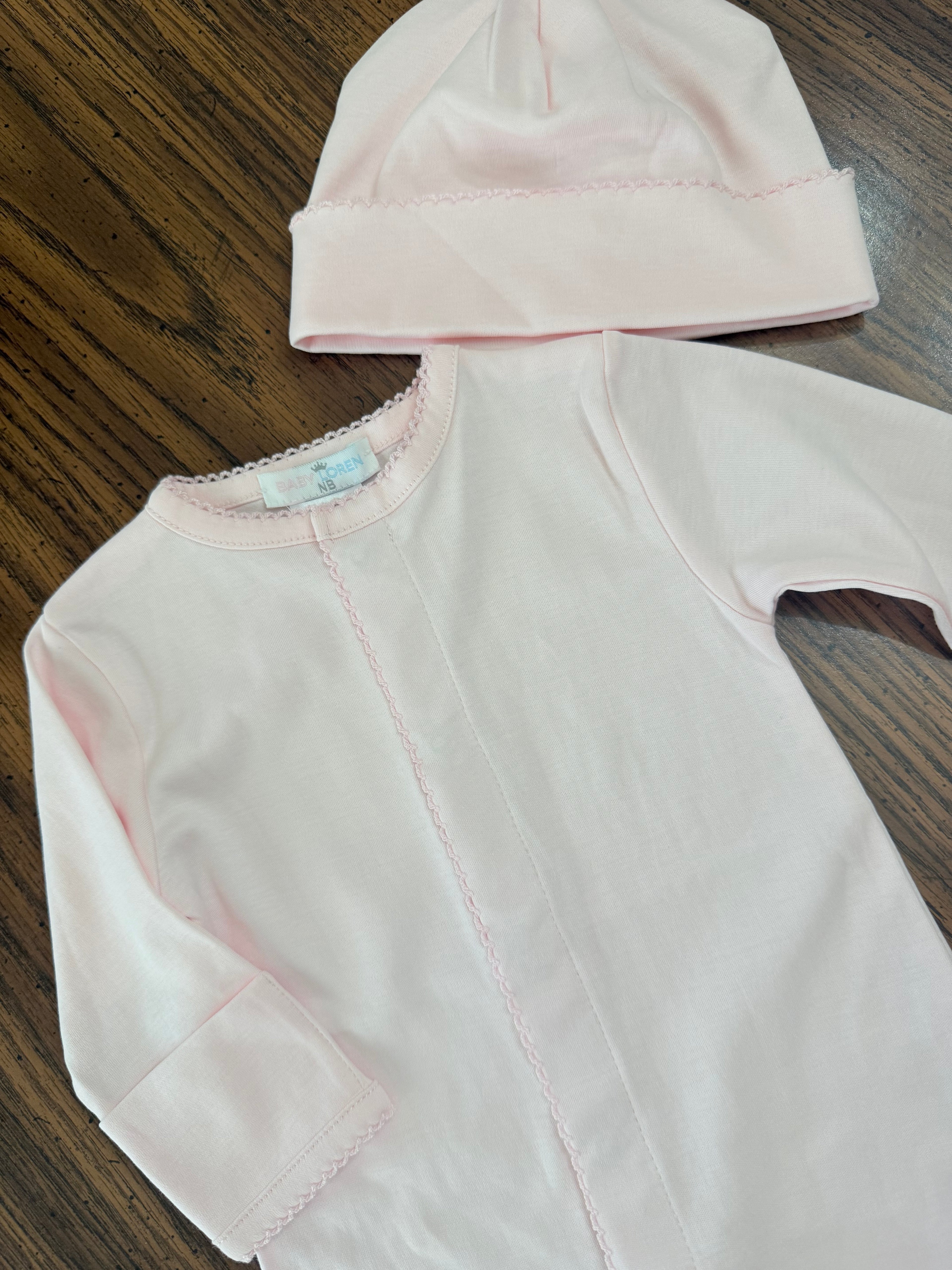 Pink 100% organic Pima cotton newborn sleeper with matching hat