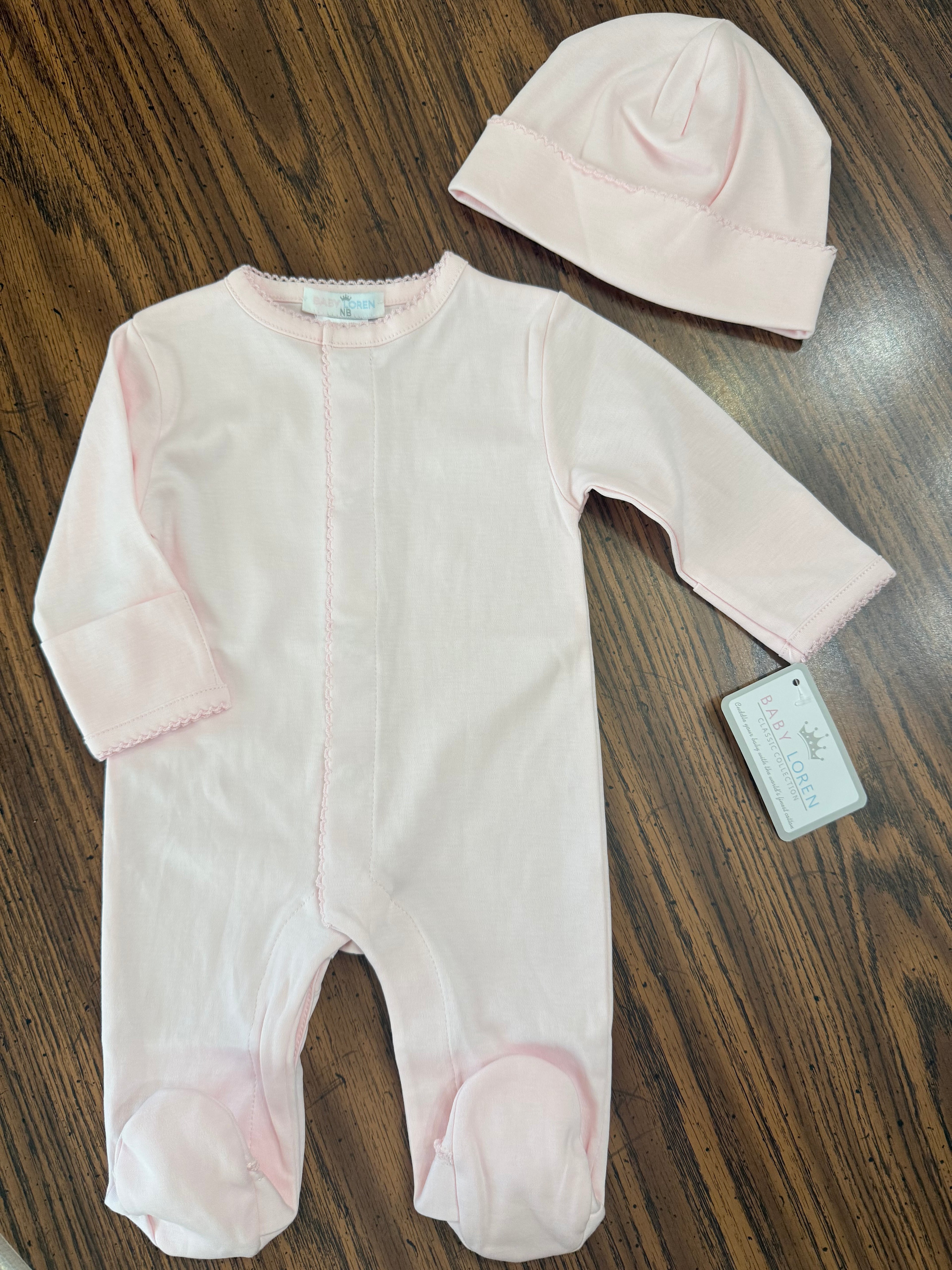 Pink 100% organic Pima cotton newborn sleeper with matching hat