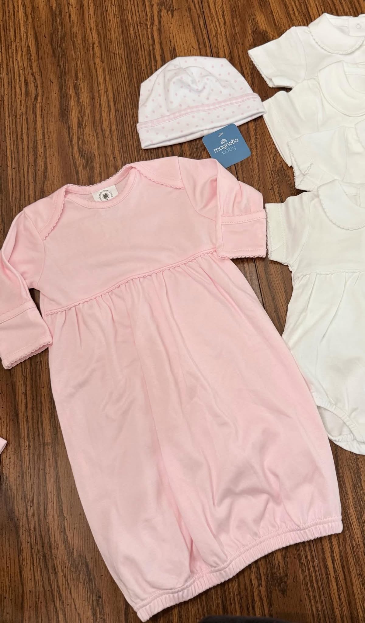 Embroidered newborn gown + matching hat